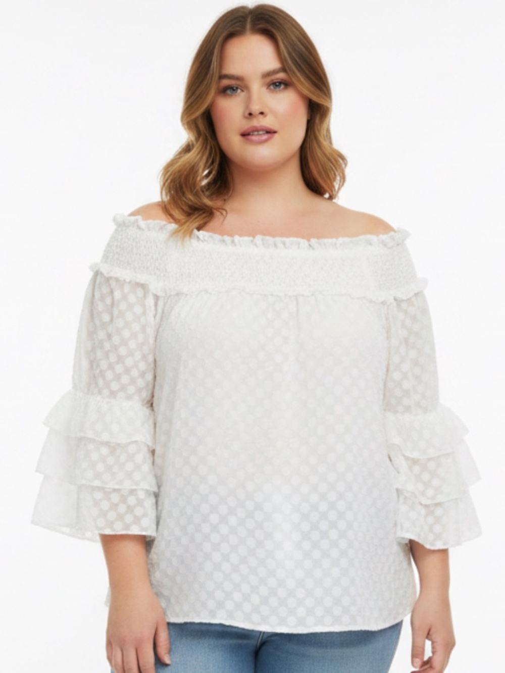 Plus - Wowo White Swiss Dot Off-Shoulder Ruffle Sleeve Blouse - NWOT